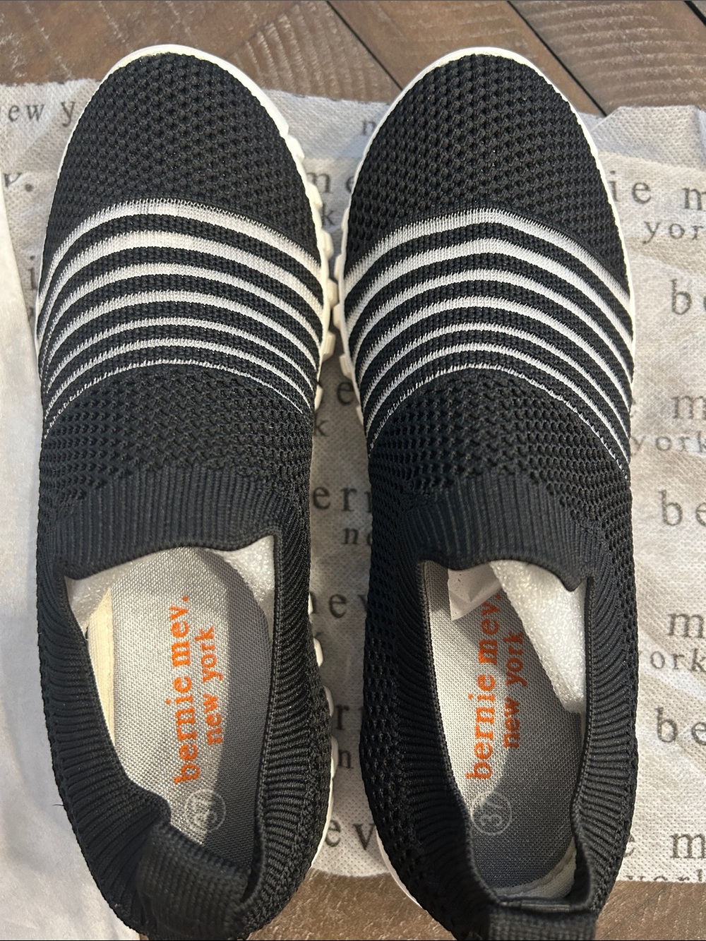 bernie mev. Black Knit Slip-On Sneakers with White Stripes